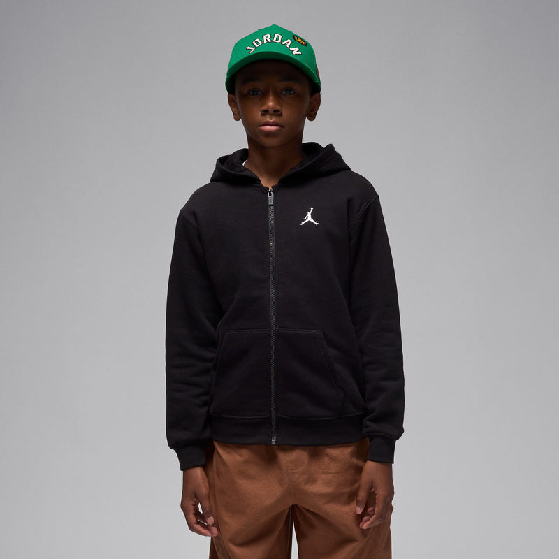 Youth black fleece full-zip hoodie with hood and white Jordan logo, kangaroo pocket