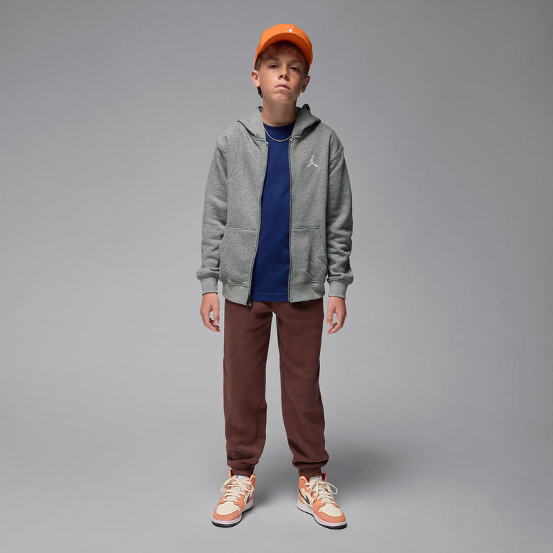 Youth carbon heather gray fleece hoodie with hood and front zipper, Jordan logo on chest