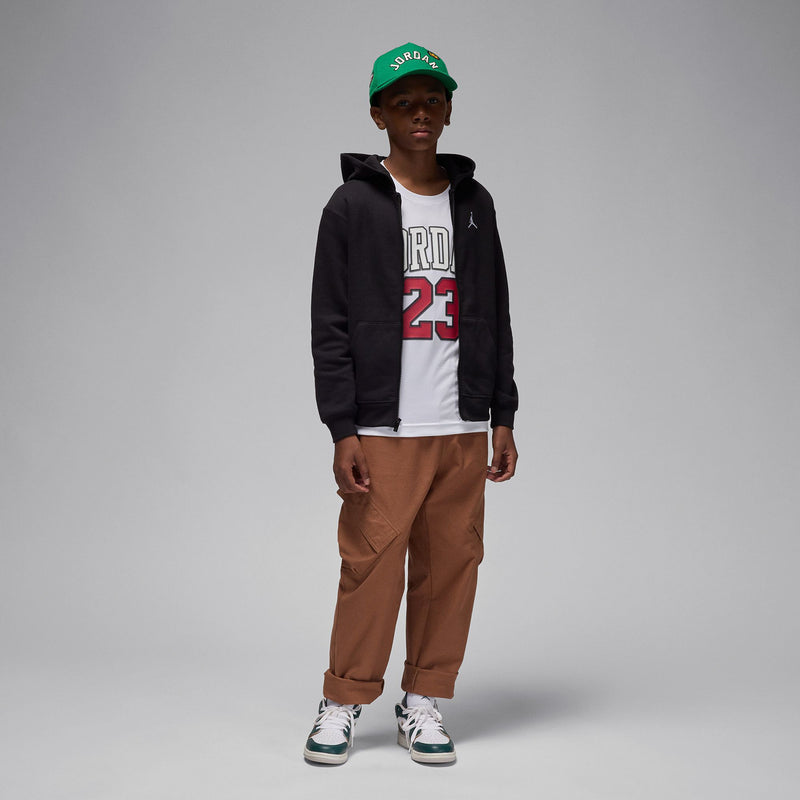 Youth black fleece full-zip hoodie with hood and zipper, side view, white Jordan logo