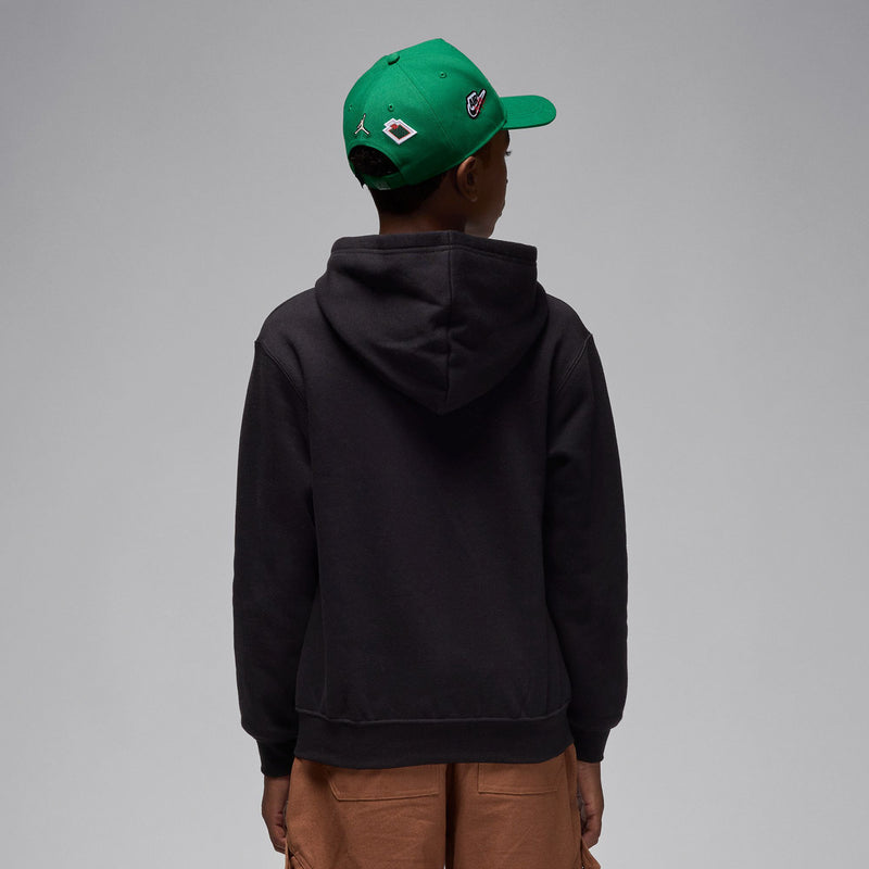Youth black fleece full-zip hoodie, back view with hood, no visible logo