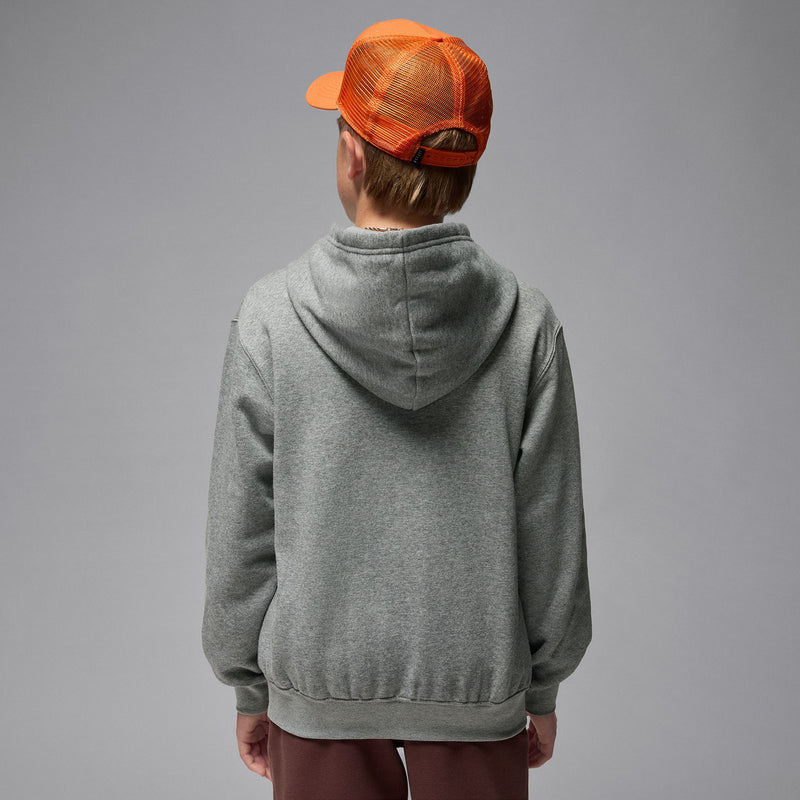 Youth carbon heather gray hoodie back view with attached hood and ribbed cuffs