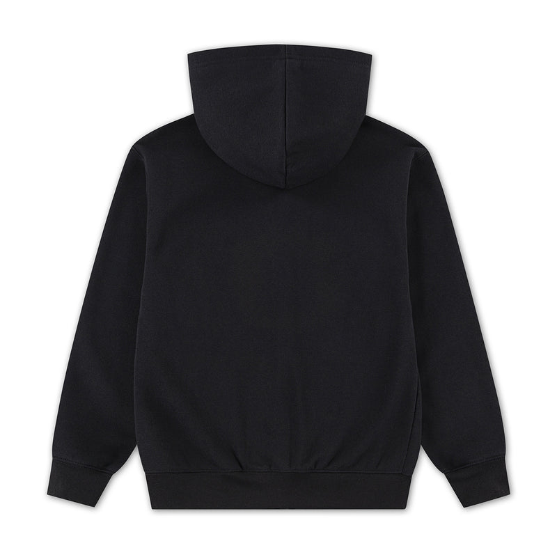 Youth black fleece full-zip hoodie back view with hood and no visible logo