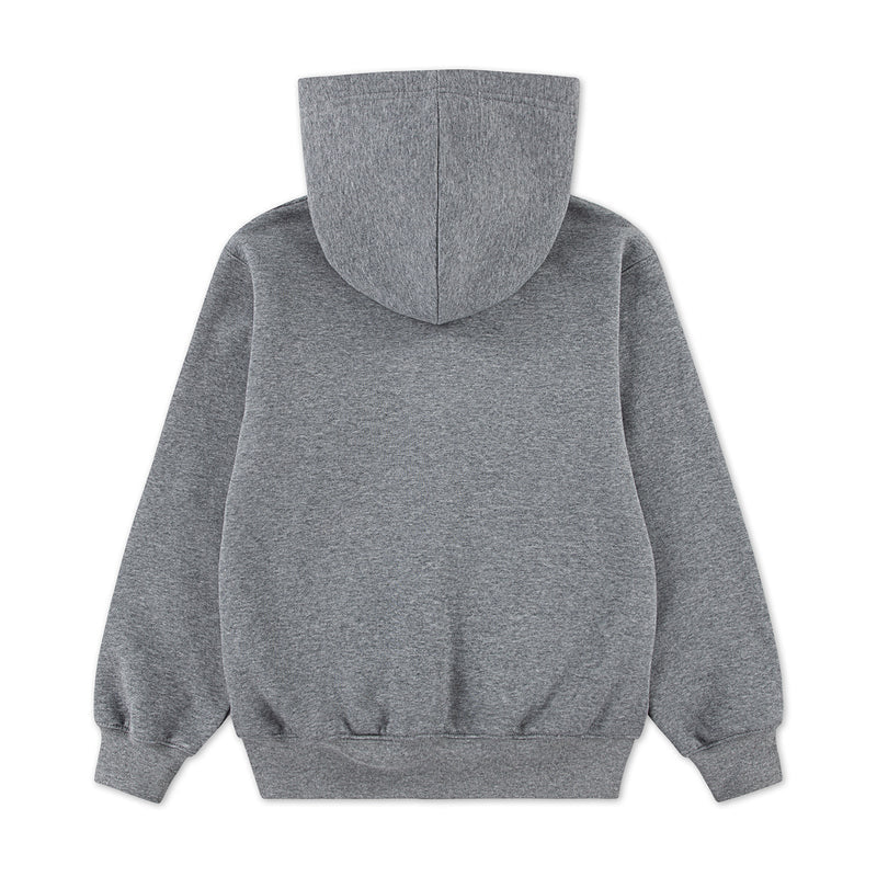 Youth carbon heather gray full-zip hoodie back view with hood and ribbed hem