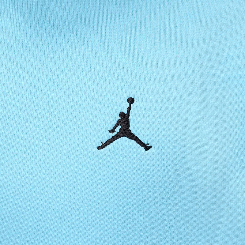 Black Jordan logo on light blue hoodie fabric