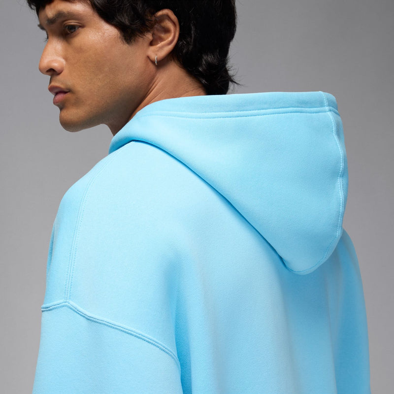 Light blue hoodie with hood and curved side seam detail