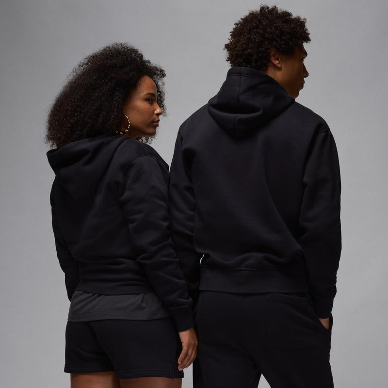 Men's black fleece pullover hoodie back and side view, hooded
