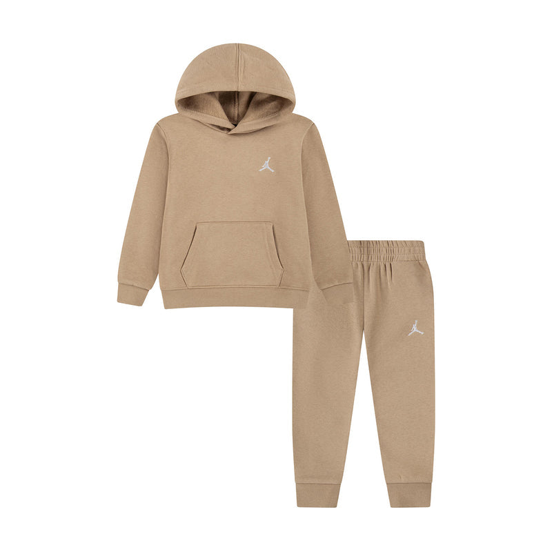 Toddler fleece hoodie and jogger set in tan with small Jordan logo