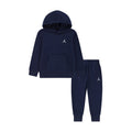 Toddler navy fleece hoodie and jogger set, hood with front pocket and white Jordan logo