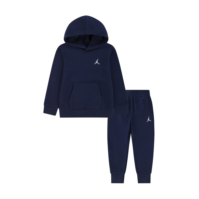 Toddler navy fleece hoodie and jogger set, hood with front pocket and white Jordan logo