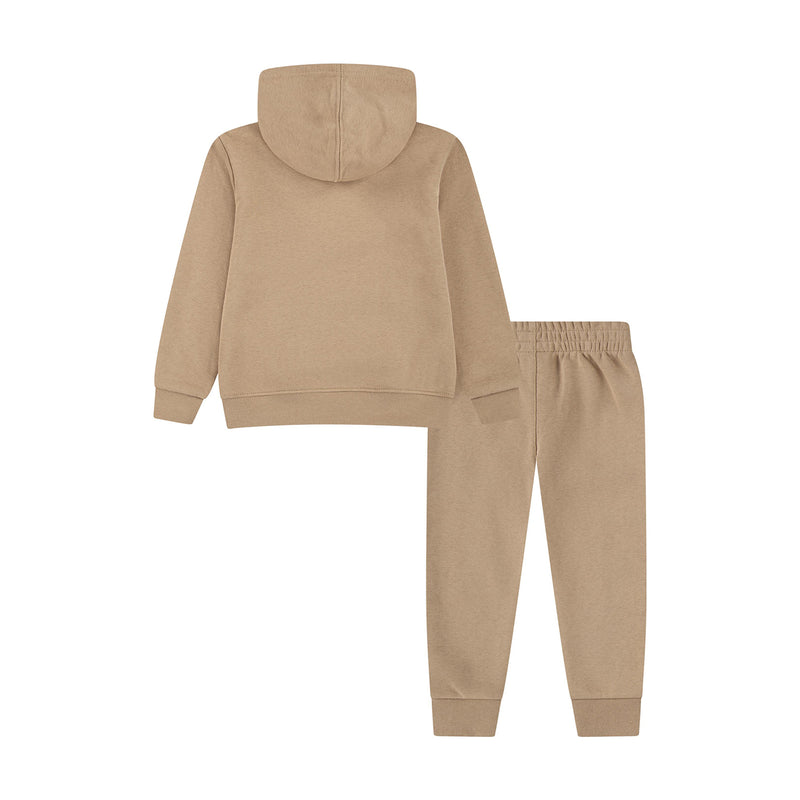 Toddler tan fleece pullover hoodie with front pocket and matching joggers