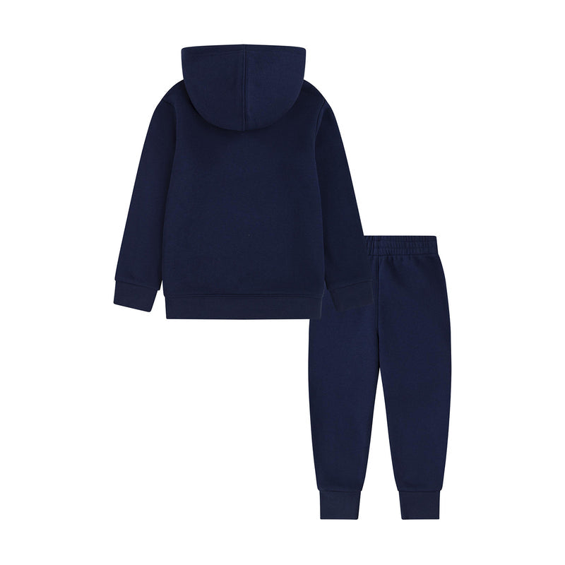 Toddler navy fleece hoodie and jogger set, hooded sweatshirt with joggers and white Jordan logo