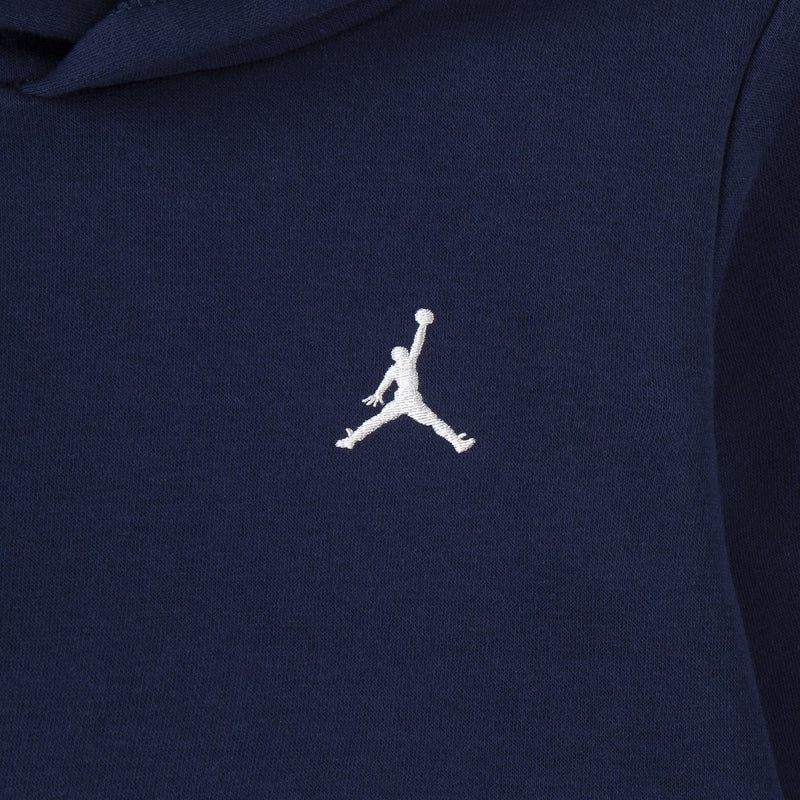 Navy toddler hoodie chest with white Jordan logo embroidery on fleece fabric