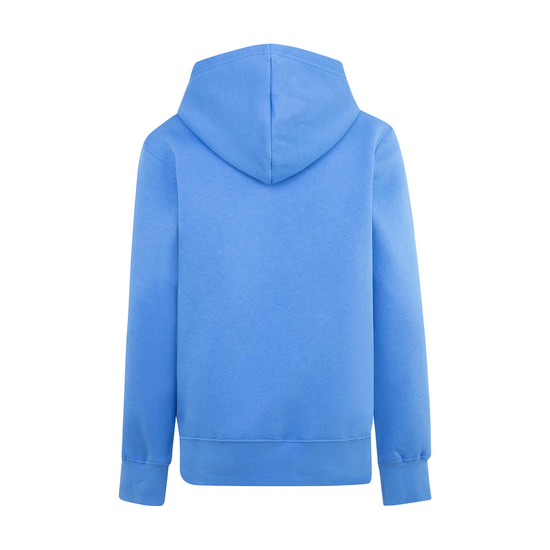 Youth Legend Blue fleece pullover hoodie, back view with hood