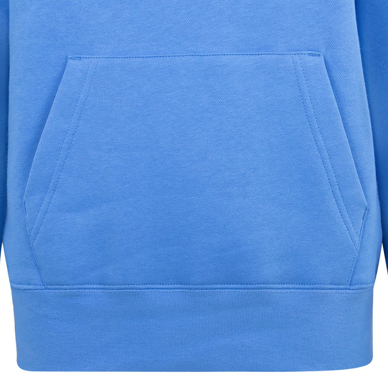 Legend Blue fleece pullover hoodie front pocket detail with stitched edges
