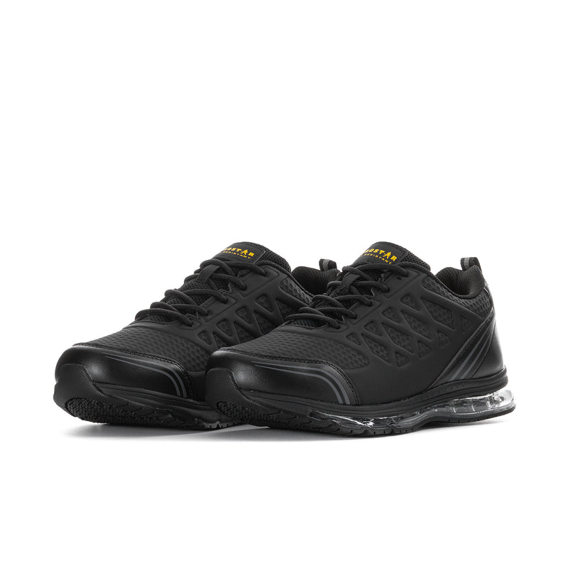 Black lace-up men's slip-resistant shoes with sculpted side panels and air-cushion sole