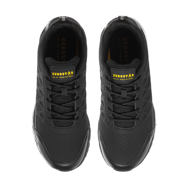 Black slip-resistant men's shoes, lace-up with cushioned tongue and Eurostar logo