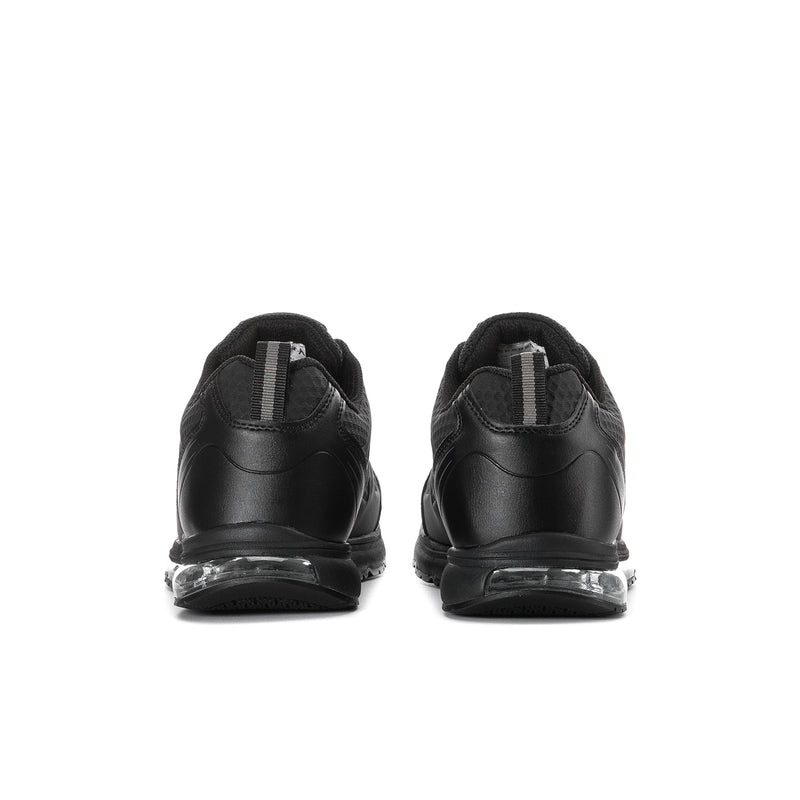 Black men's slip-resistant shoes, heel view with clear air-cushion sole and pull tab