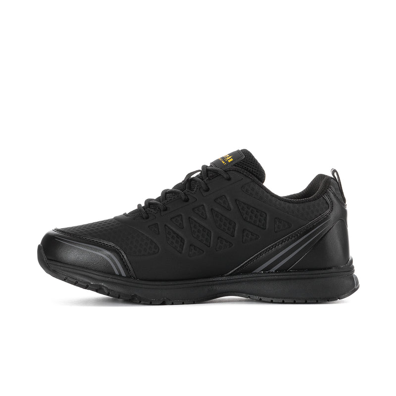 Black slip-resistant men's shoes, side profile with textured upper and lace-up closure