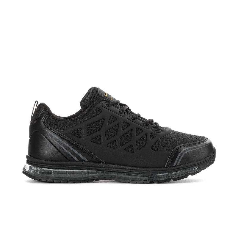 Women's black slip-resistant sneaker with lace-up front and treaded sole