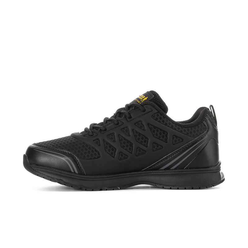 Women's black slip-resistant sneaker angled side view with textured upper and laces