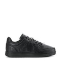 Women's black low-top sneakers, lace-up textured leather upper and rubber sole