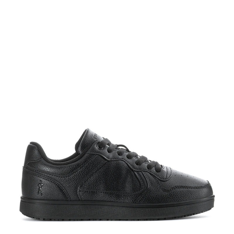 Women's black low-top sneakers, lace-up textured leather upper and rubber sole