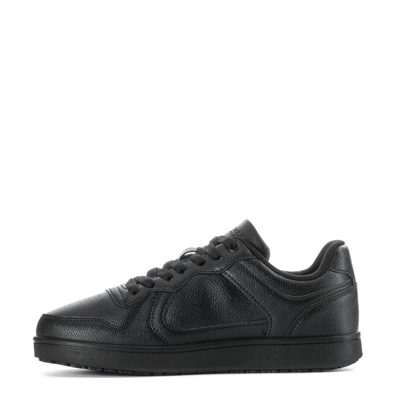 Black low-top lace-up sneakers with stitched panels and textured leather finish