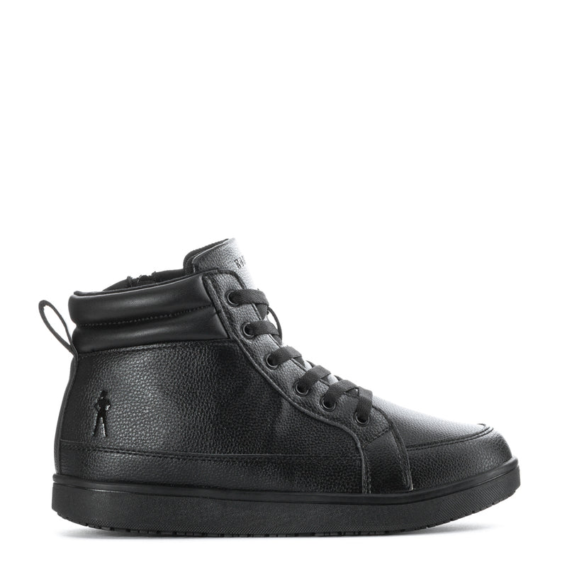 Women's black mid-top lace-up slip-resistant sneaker, side view, textured leather upper