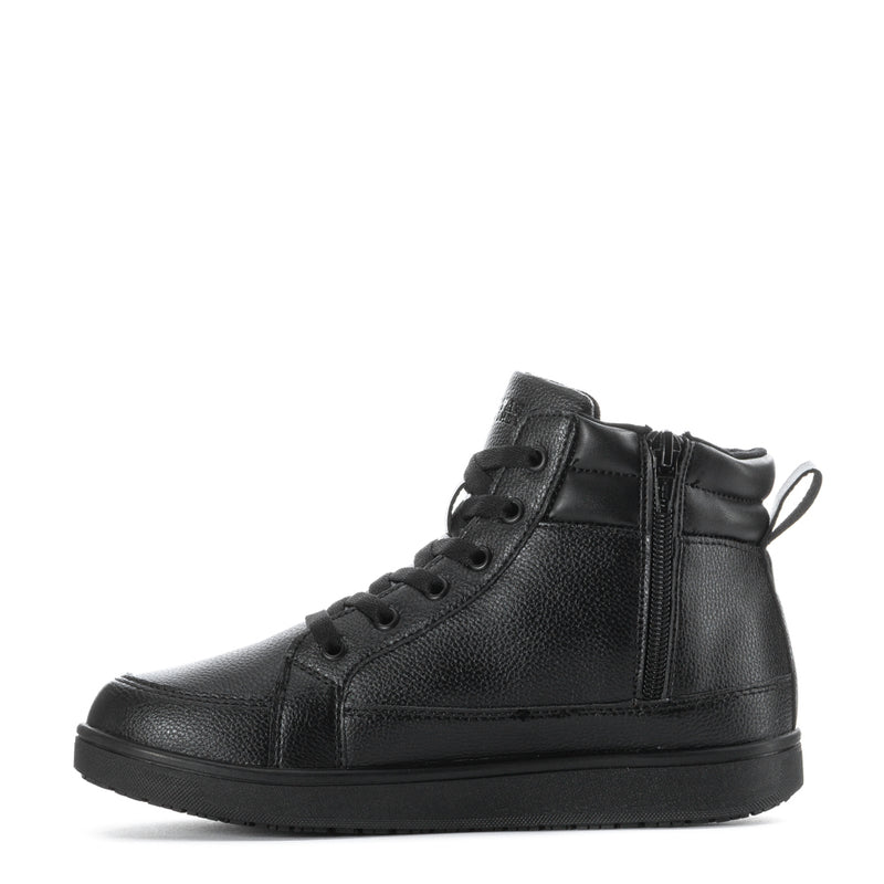 Women's black mid-top lace-up slip-resistant sneaker, front-angled side view, leather