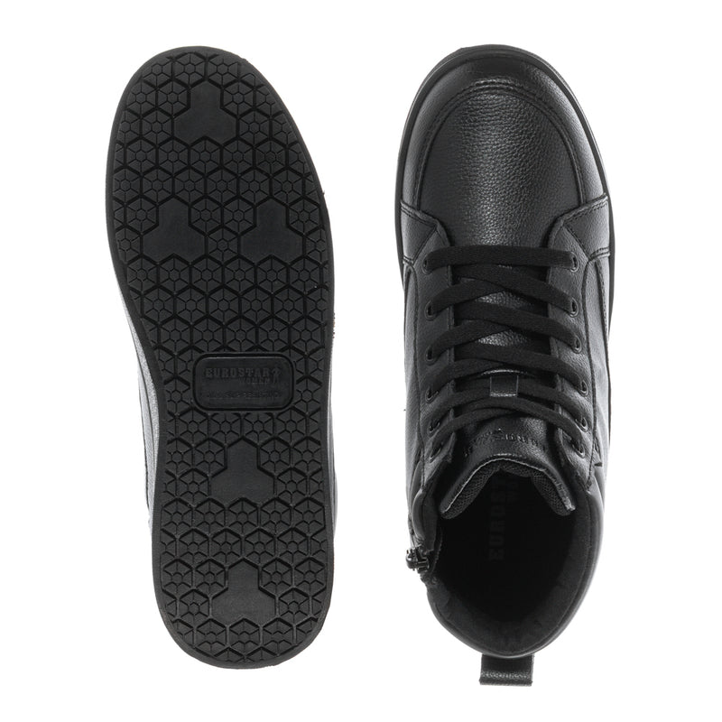 Women's black slip-resistant mid-top sneaker outsole tread and open interior