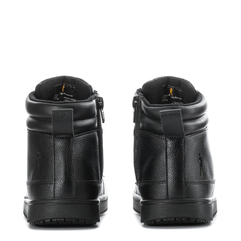 Women's black mid-top slip-resistant sneakers, back view with padded collars and heel