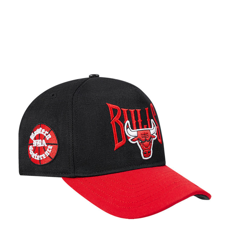 Two-tone snapback hat with Bulls logo and circular side patch, black crown and red brim