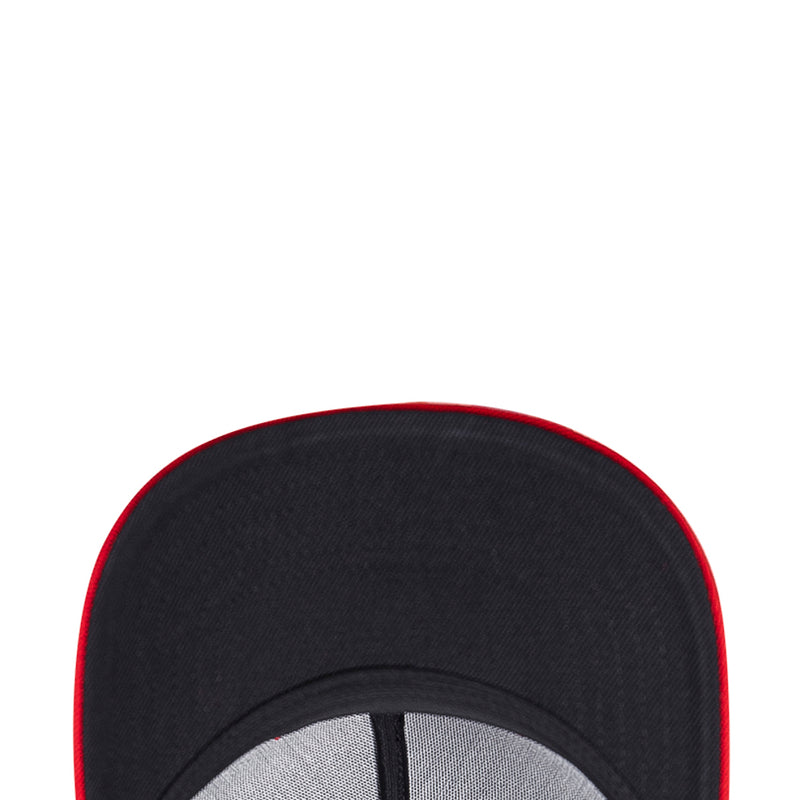 Black snapback hat crown top with red edge trim and curved brim