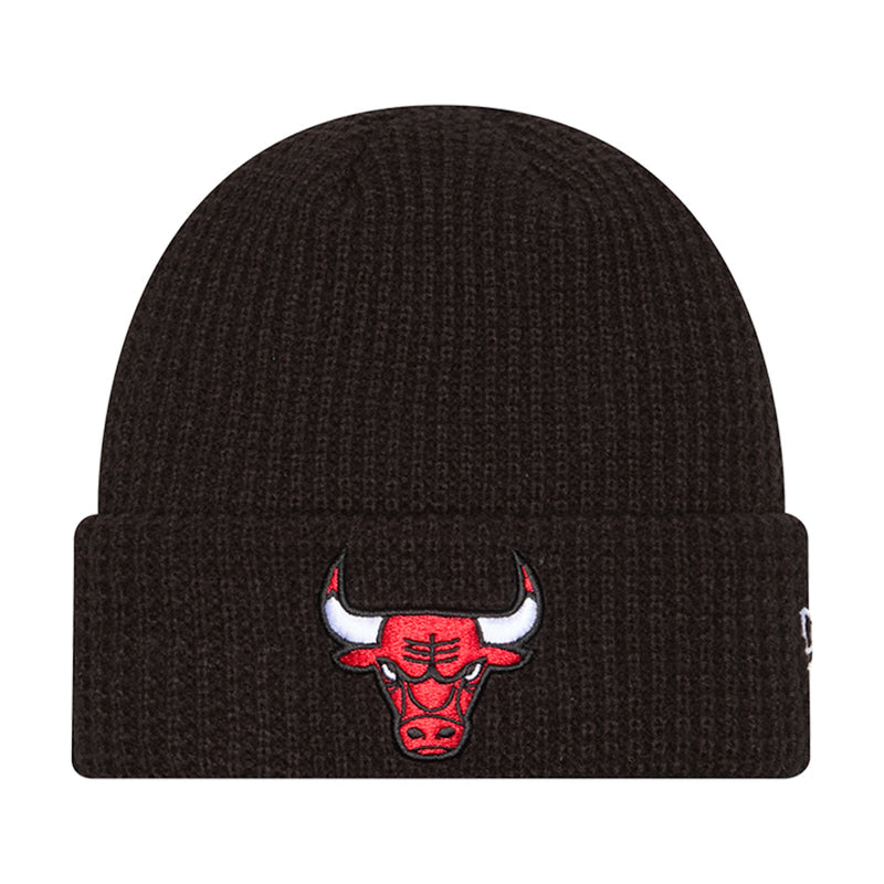 Dark knit waffle beanie with red-and-white bull head patch