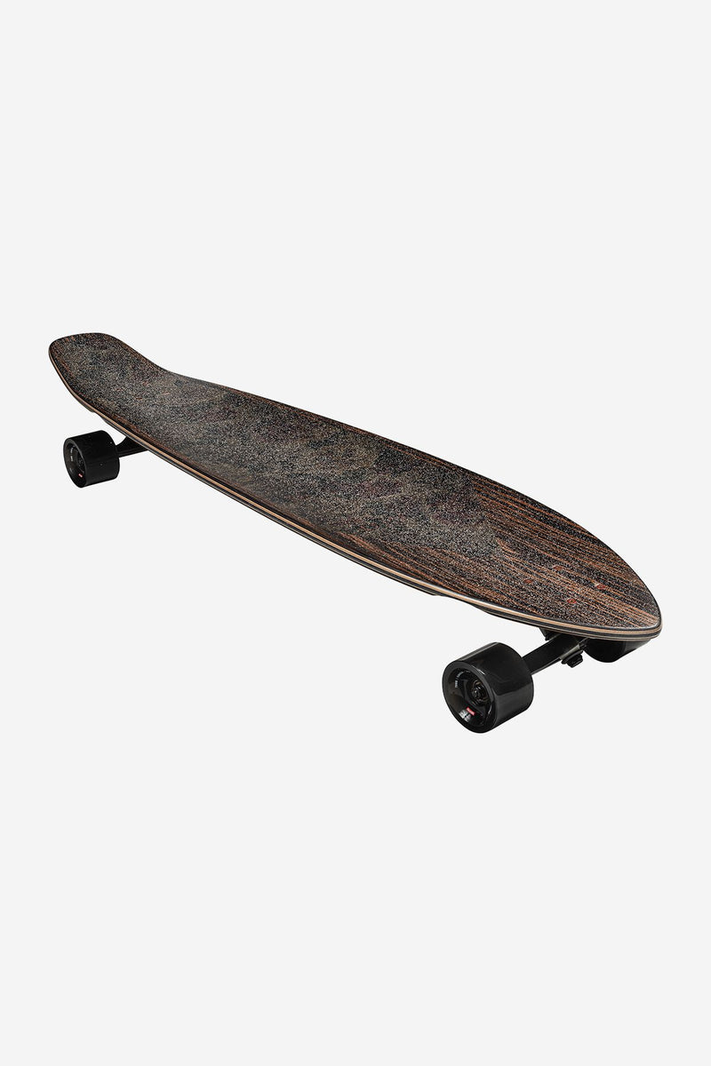 Side view of Byron Bay 43 longboard Ebony Nightshade showing resin-8 deck and black trucks