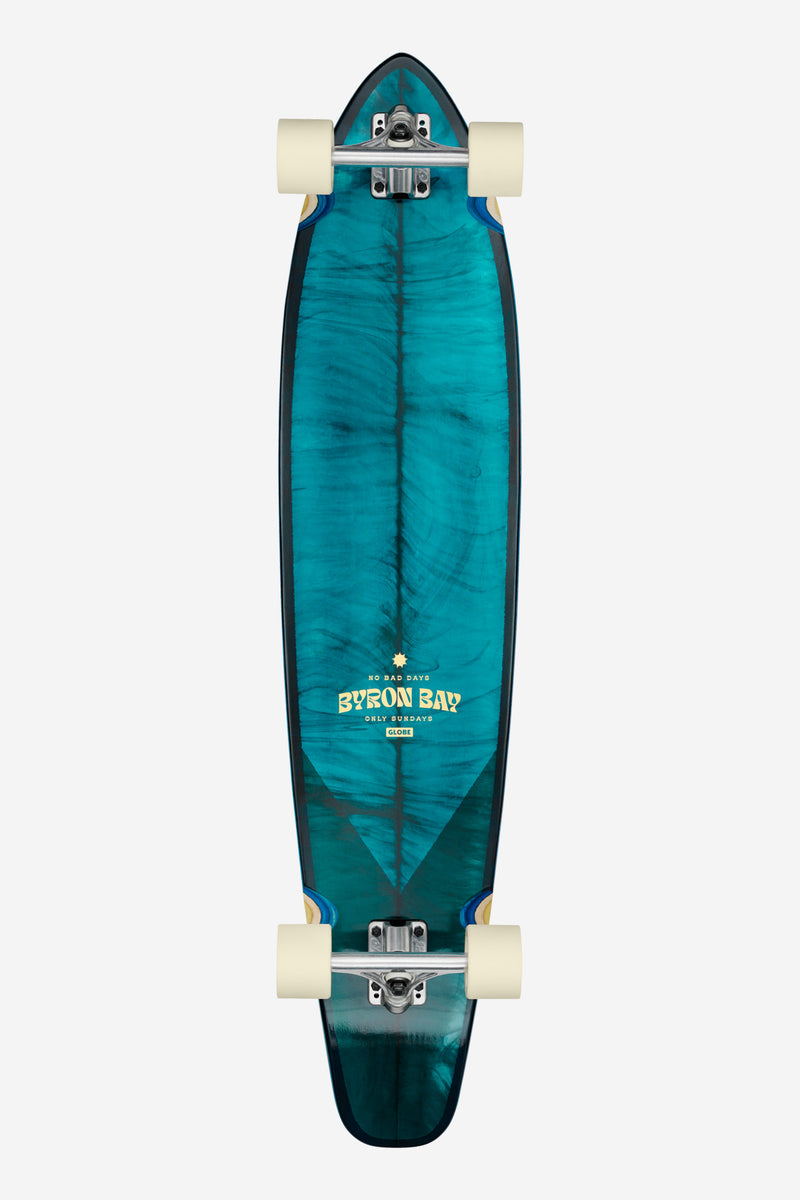 Top view of Byron Bay Sun Days 43 longboard with turquoise marbled deck squash tail and light trucks.