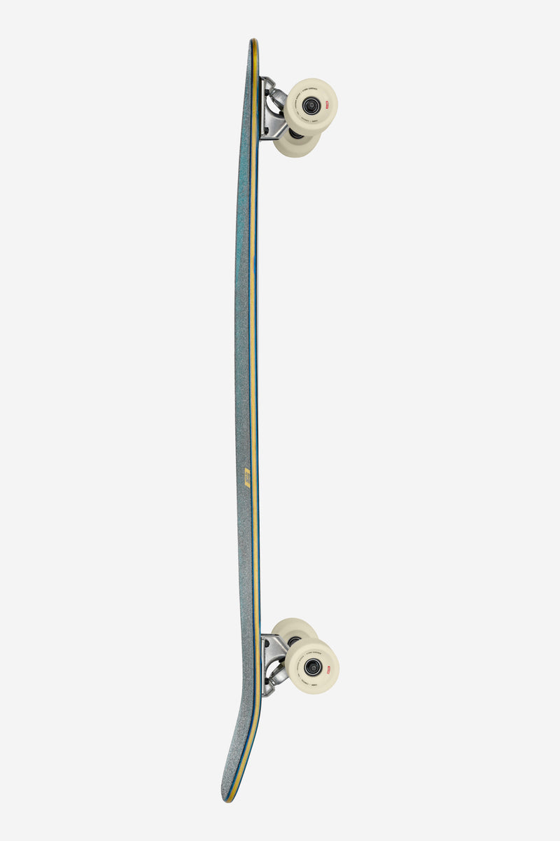 Side profile of teal Byron Bay Sun Days longboard with cream wheels and deck edge visible