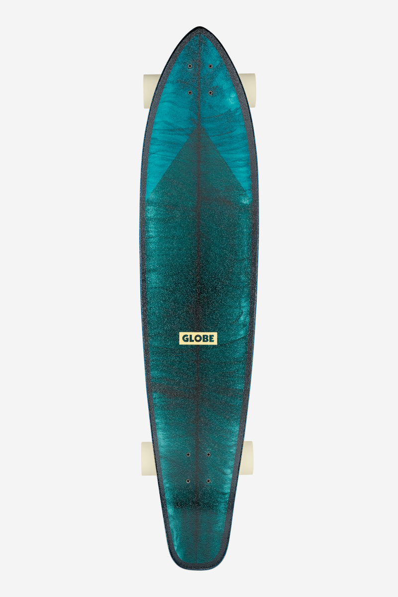 Top-down view of teal longboard deck with GLOBE logo and dark grip around edges