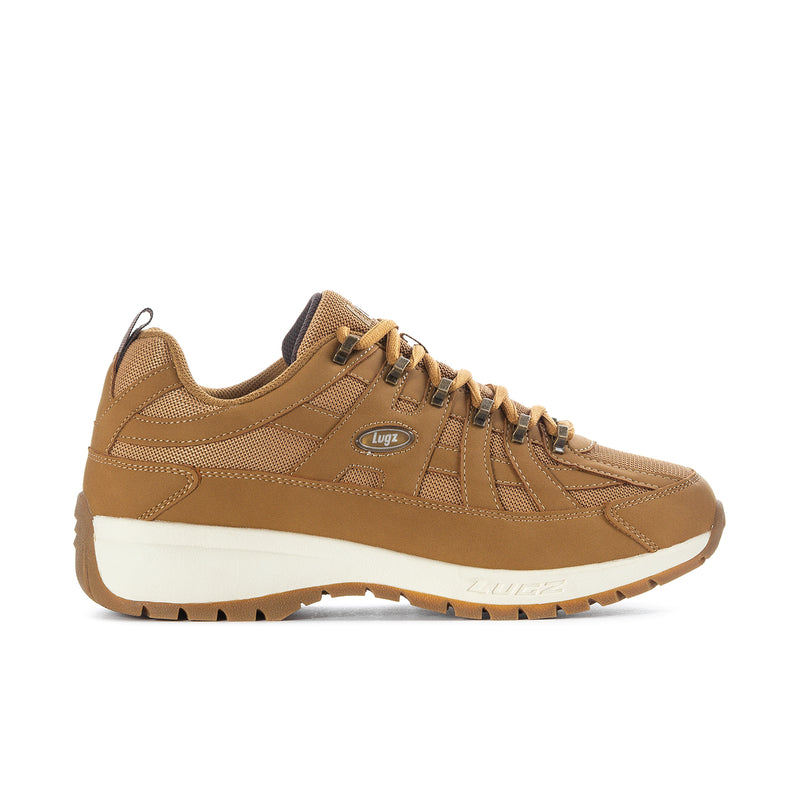 Men's lace-up trail sneaker in wheat tan with white midsole and gum-brown outsole