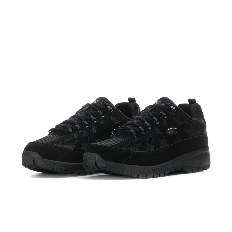 Men's black lace-up sneakers, side view with padded collar and chunky sole