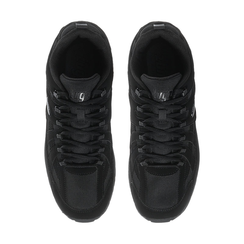 Pair of men's black lace-up sneakers front view, mesh panels and rubber sole