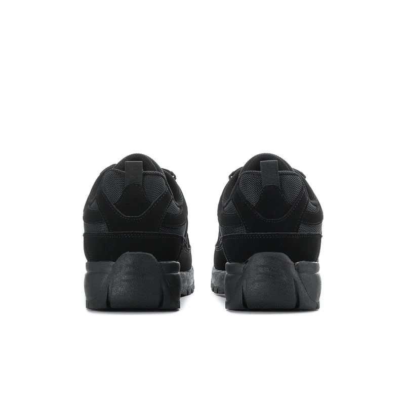Pair of men's black sneakers heel view with cushioned back and rubber tread