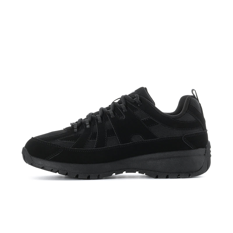 Men's black lace-up sneaker side profile with durable rubber outsole