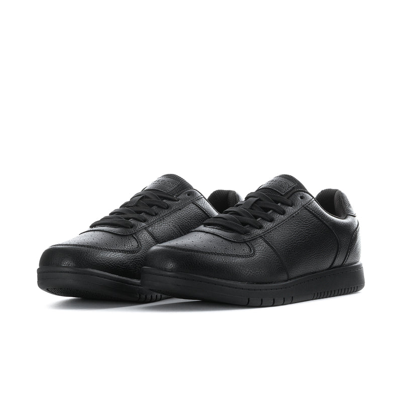 Men's slip-resistant sneakers, black leather lace-up pair with low-profile rubber sole