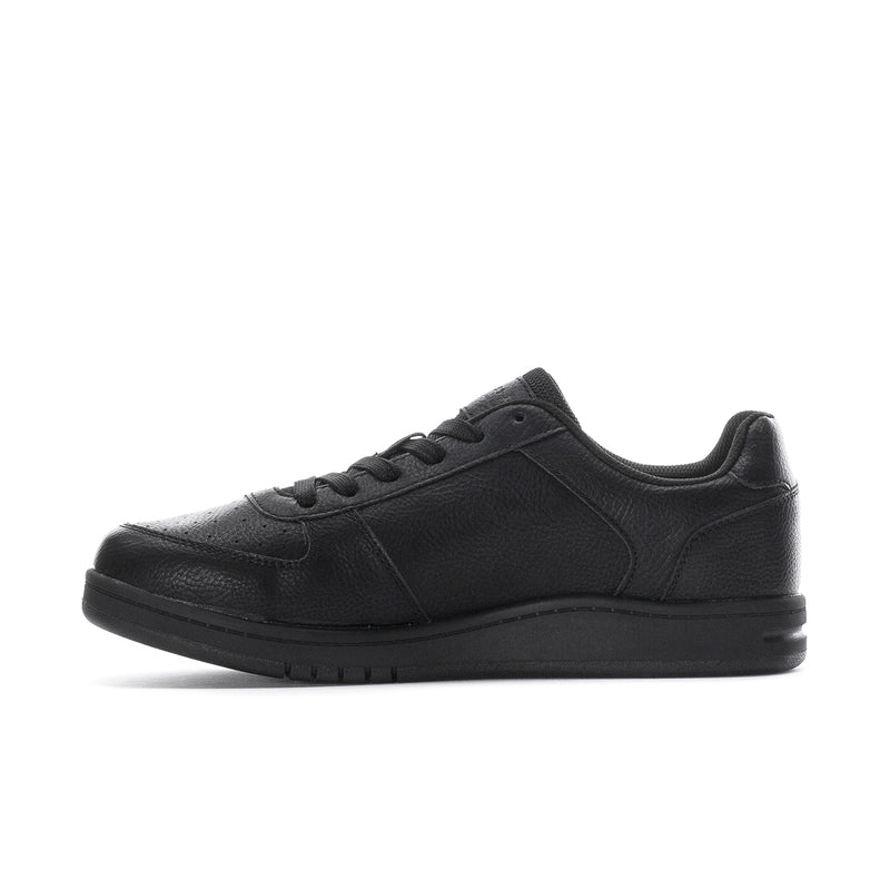 Men's slip-resistant lace-up sneaker, black leather upper with side panel stitching