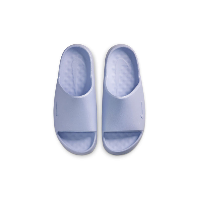 Pair of youth slide sandals in light blue with open toe and molded footbed
