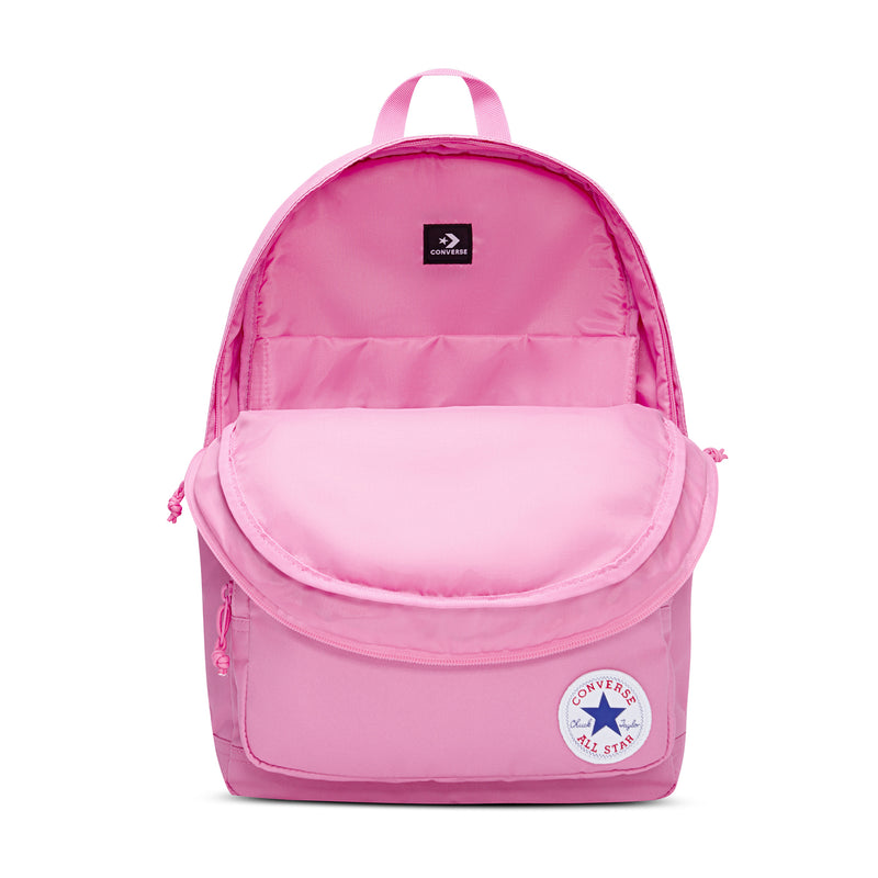 Oops Pink mini backpack with open top flap, front zip pocket, and interior lining