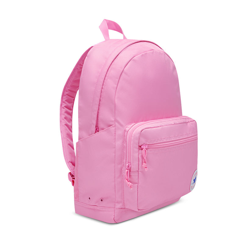 Oops Pink mini backpack, side view with front zip pocket and adjustable shoulder straps
