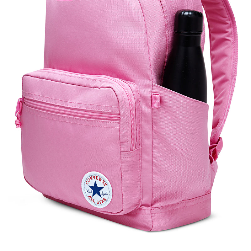 Oops Pink mini backpack front zip pocket with bottle in side compartment