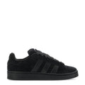 Black suede low-top sneakers with three-stripe detail and lace-up closure